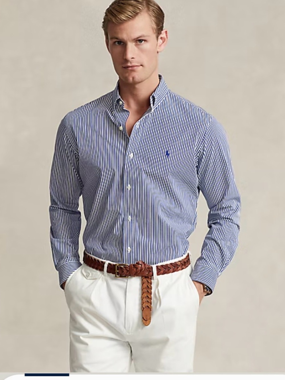 Polo Ralph Lauren Navy & White Striped Stretch Poplin Shirt Classic Fit XL 17.5